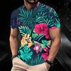 Women Short Sleeve Crew Neck T Shirt Dark Navy Pink Hibiscus Green Tropical Palm Leaf Print Top