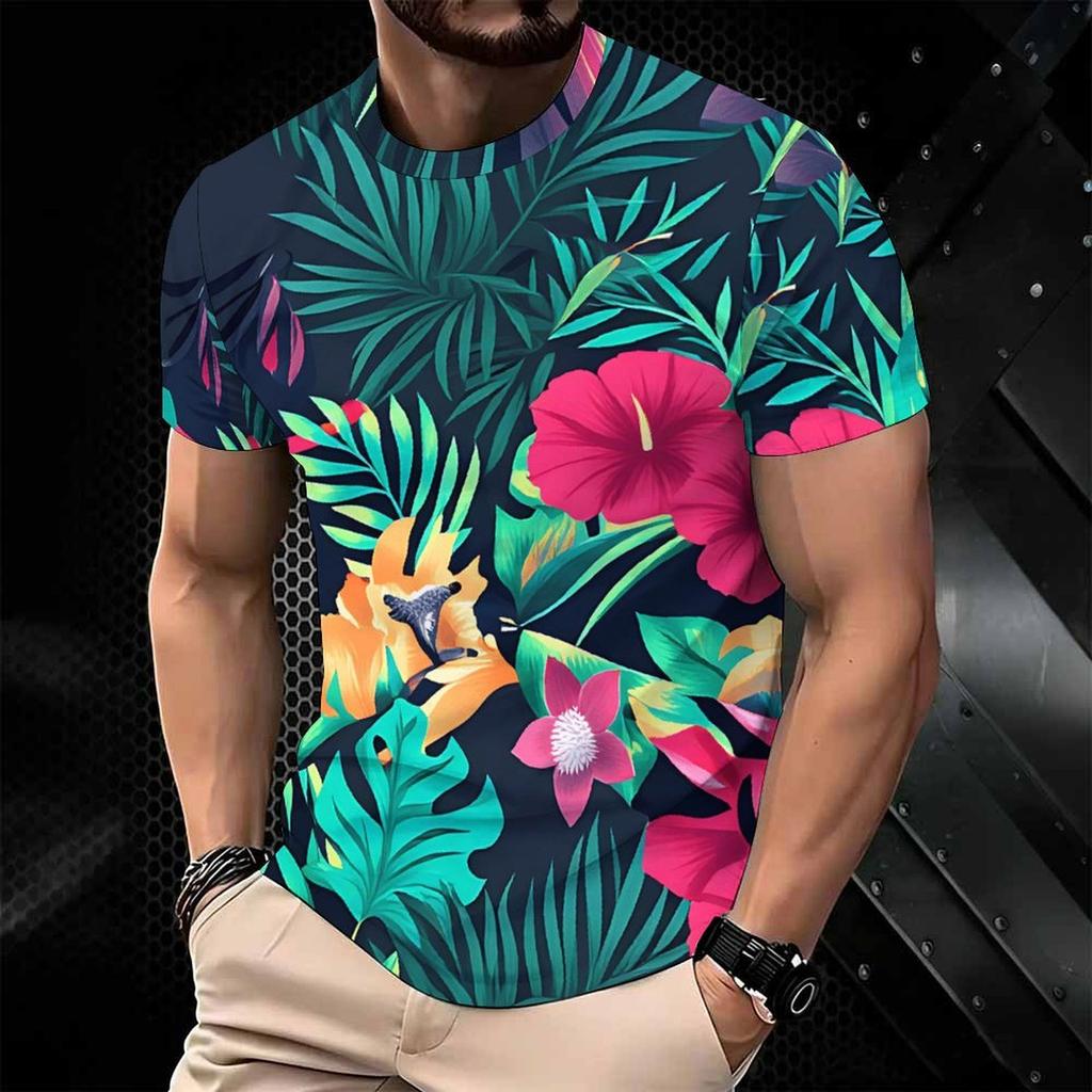 Women Short Sleeve Crew Neck T Shirt Dark Navy Pink Hibiscus Green Tropical Palm Leaf Print Top