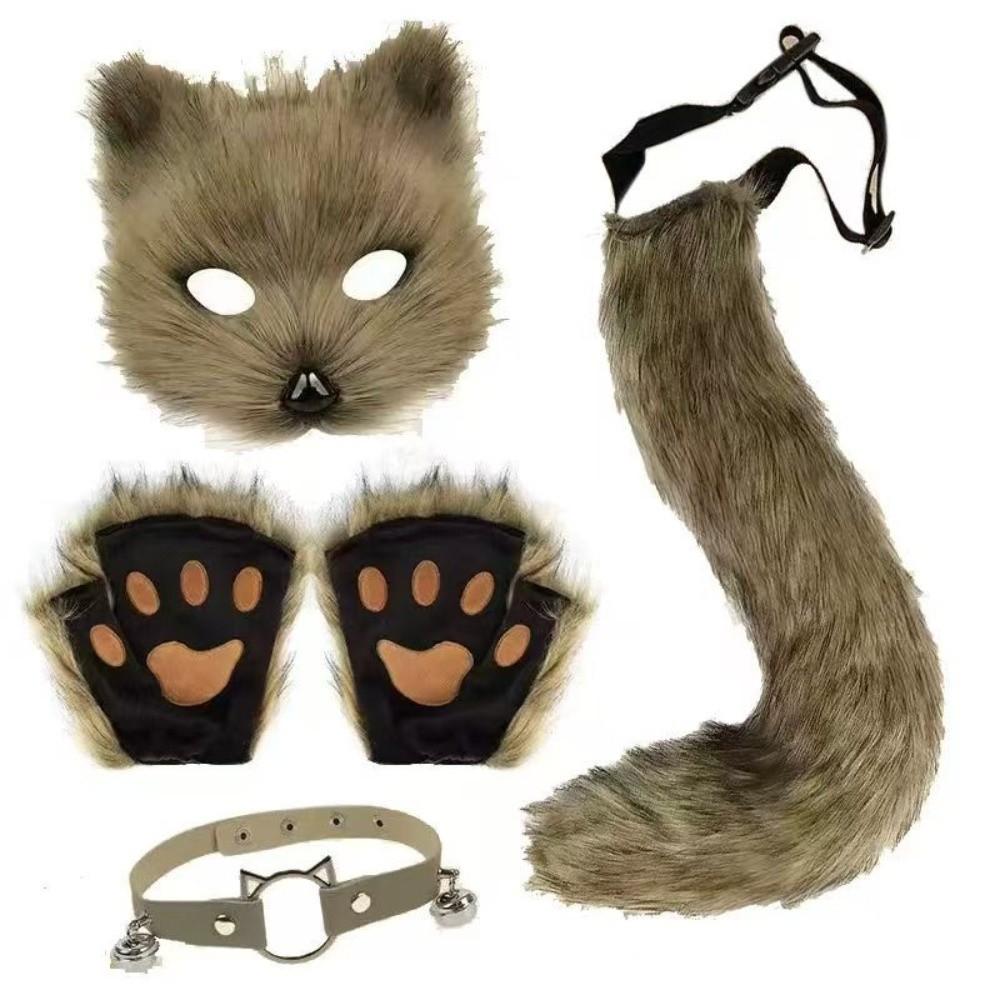 Funny Animal Costume Set Faux Fur Tail Mask Paw Gloves Full Set Cute Plush Cosplay Mask Carnival