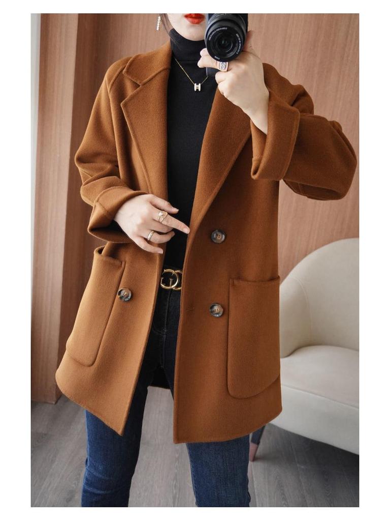 Luksusowy damski dwustronny wełniany płaszcz średniej długości z chenille - Duży rozmiar