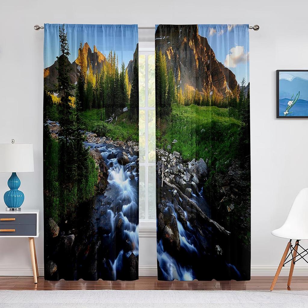 Bergsee Frühling Naturlandschaft Voile Vorhang für Schlafzimmer Wohnzimmer Küche Blumen Feld Fenster Vorhänge 2 Paneele Drapierung