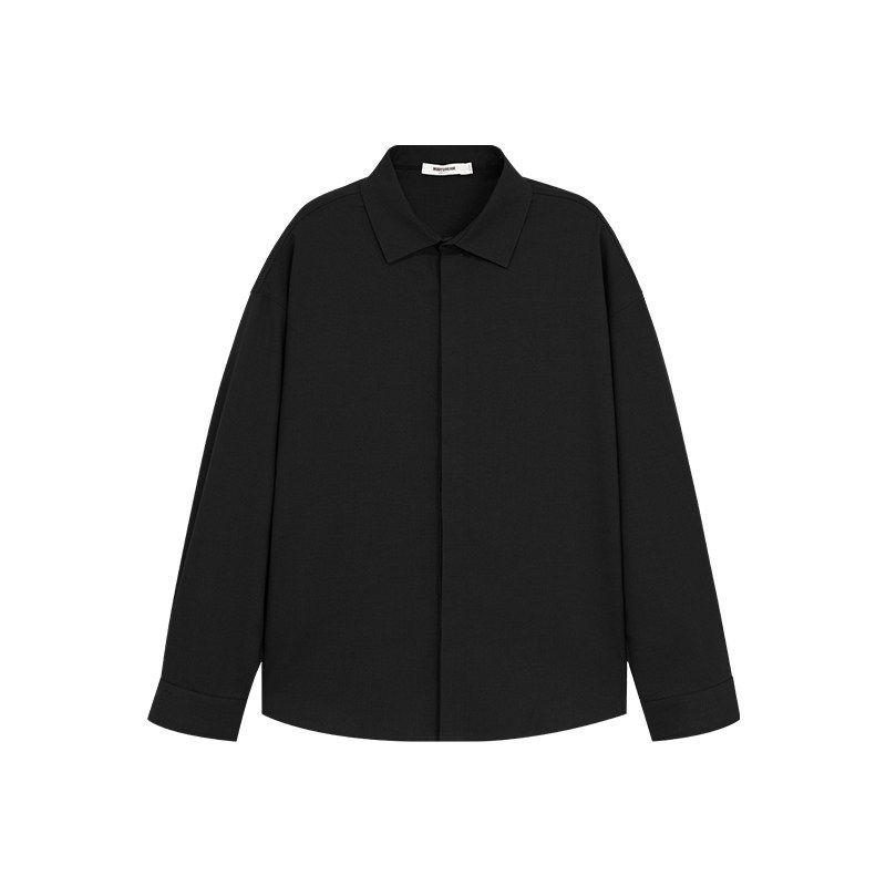 Bodydream Dark Placket Long-Sleeved Black Shirt for Men with Side Slits, Vintage Shirt Jacket/Loose Casual Suit