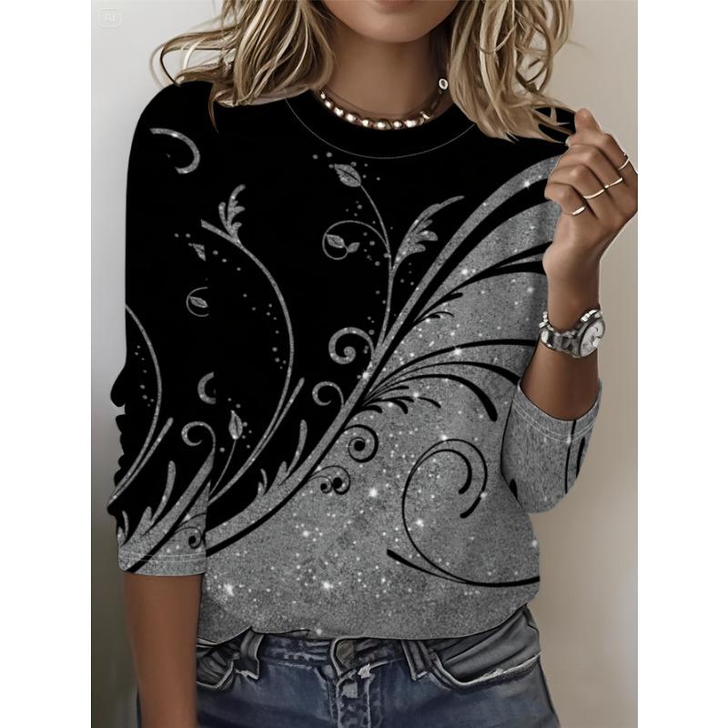 Black and gray line design round neck long-sleeved T-shirt with all-over printing casual and fashionable women s tops S