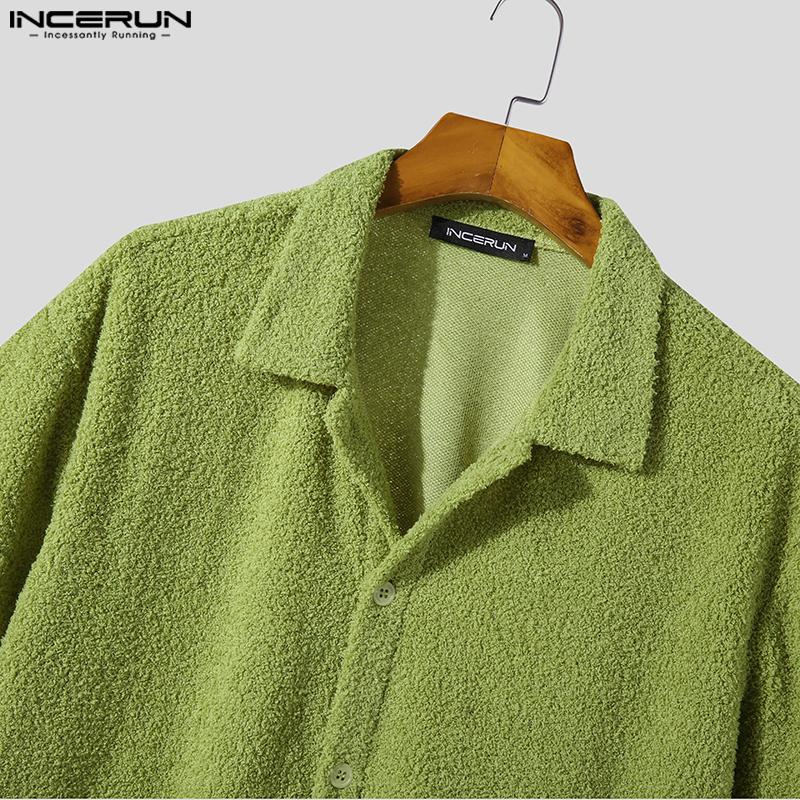 INCERUN Men's Fashion Button Up Furry Shirts Solid Short Sleeve Fleece Tops