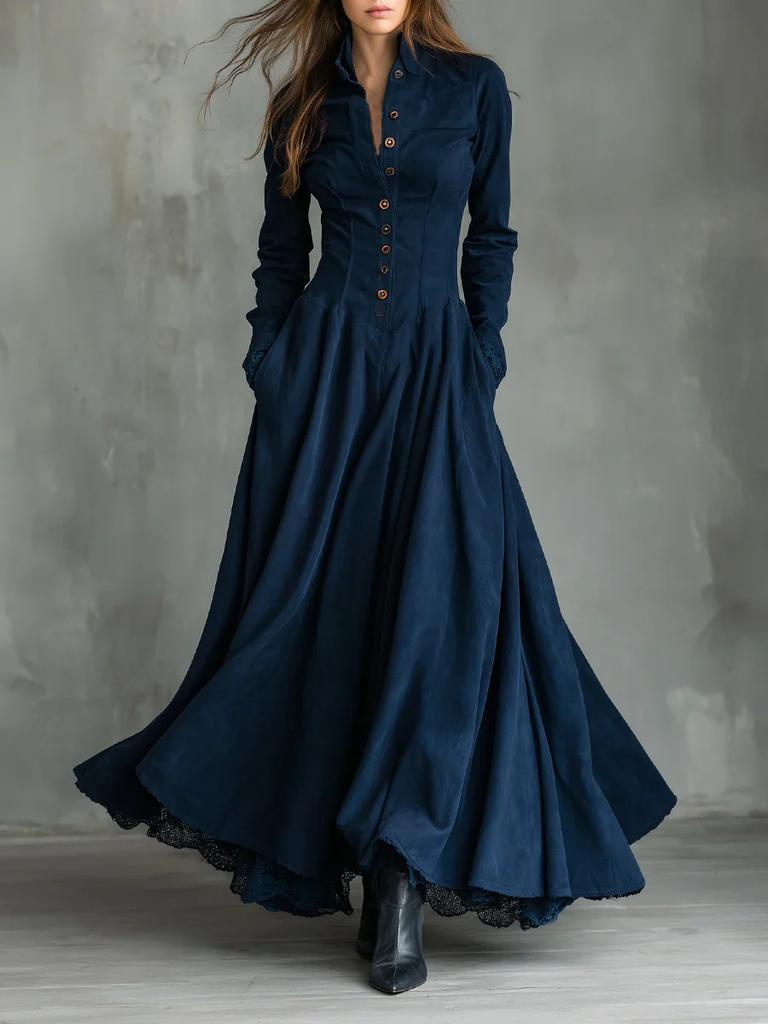 Europe, America 2026 independent station French retro temperament imitation suede lace edge splicing shirt long dress dress