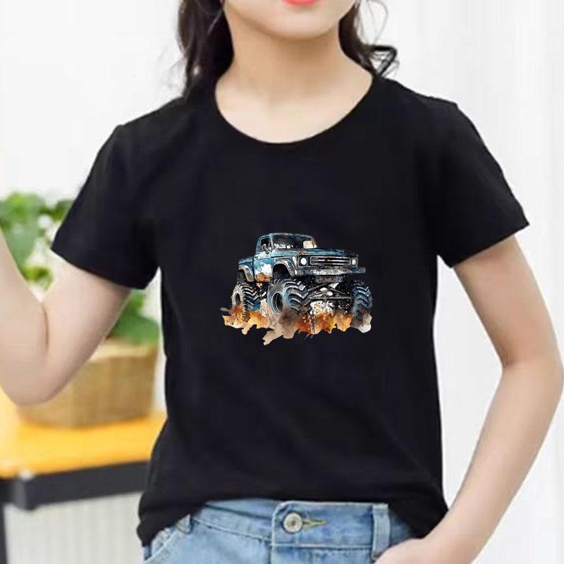 Kids Cotton T Shirt Trendy Watercolor Offroad Car Print Crew Neck Short Sleeve Tee Casual Boys Girls Summer Tops
