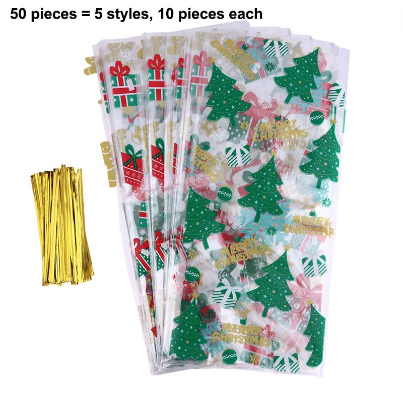 50Pcs Merry Christmas Cellophane Bags With Twist Ties Xmas Candy Gift Bags Year'S Eve Christmas Party Decoration