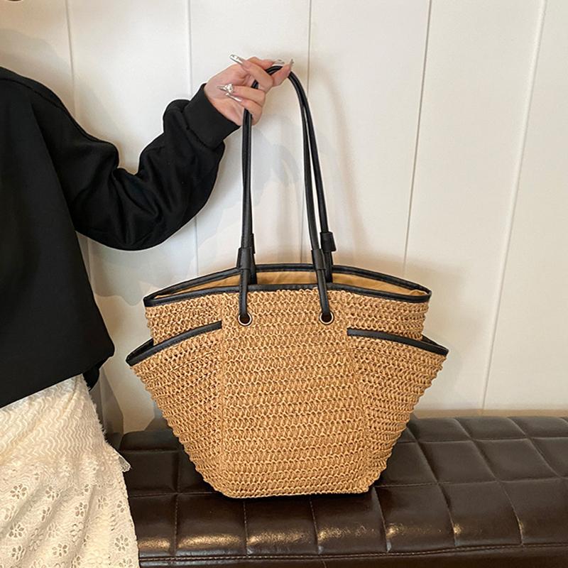 Multi Pockets Summer Beach Straw Shoulder Bag For Women Mesh Durable Travel Handbag Large Capacity Hollow Out Bucket Tote Bag