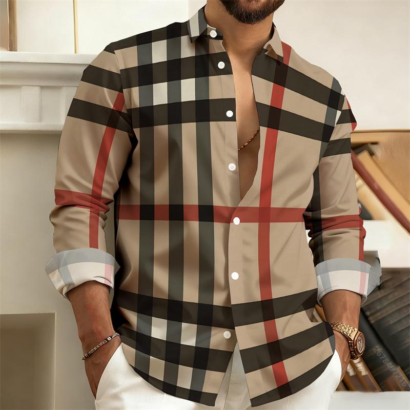 Best-Selling Men's 3D Printed Plaid Long-Sleeved Shirt, Fashionable Men's Shirt, Outdoor Casual Street Style Shirt