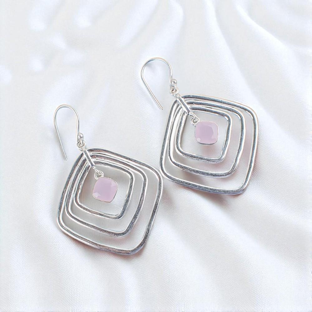 Rose Chalcedony Gemstone 925 Sterling Silver Jewelry Handmade Hook Earrings2.44" EE-71-10