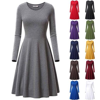 Women's Casual Round Neck Solid Color Long Sleeved Dress Fashionable Dress Dress