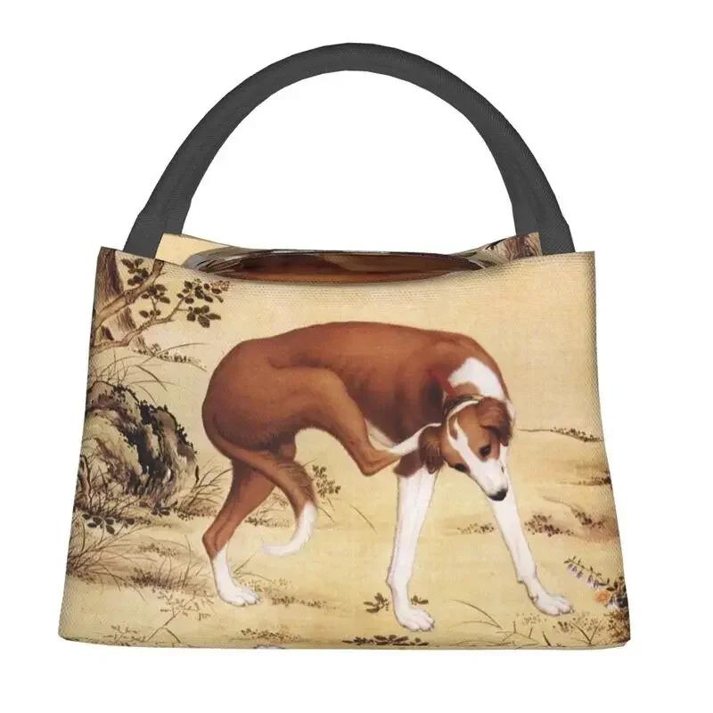 Chinese Style Painting Greyhound Sighthound Insulated Lunch Bags for Camping Travel Whippet Dog Thermal Cooler Bento Box Women