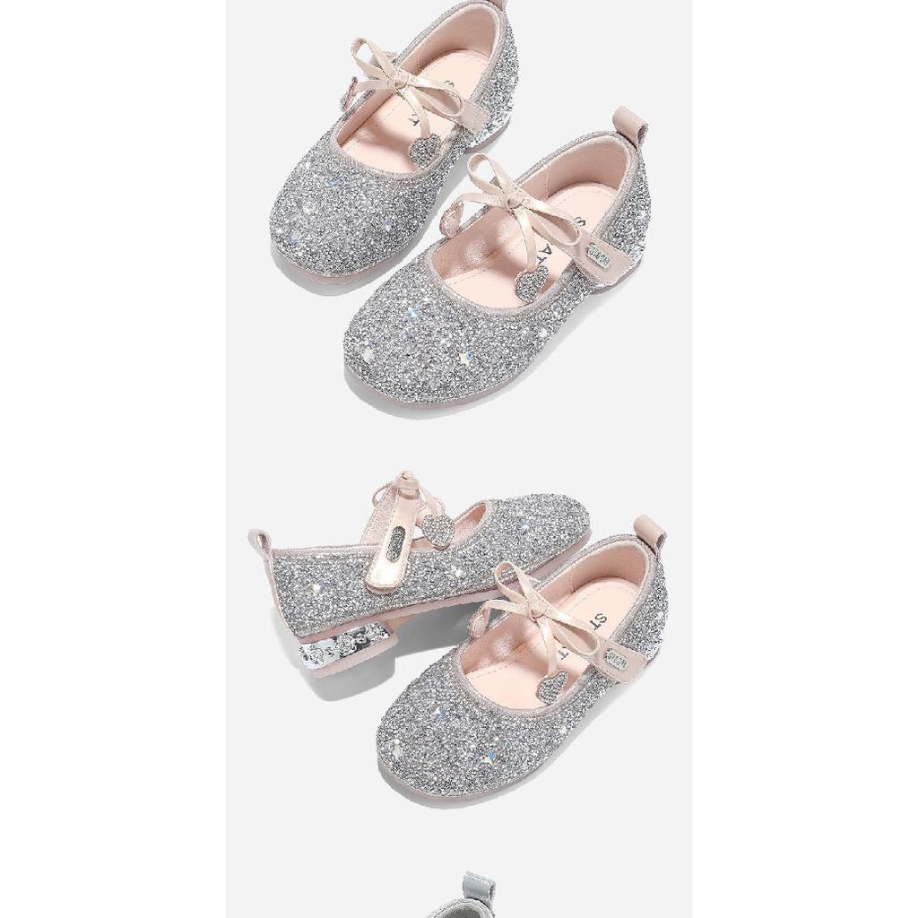 Girls Princess Shoes Children's Sparkling Shoes Autumn Soft Sole Little Girls Single Shoes Small High Heels Crystal Leather Shoes