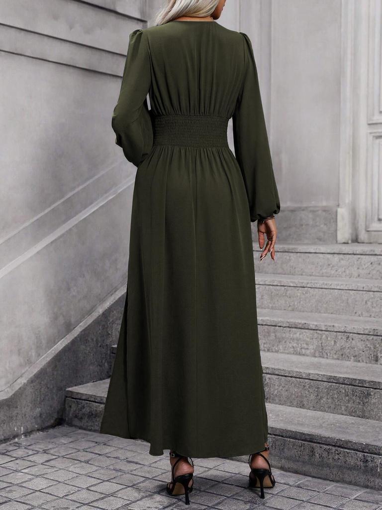 Abito da Donna Autunno/Inverno con Maniche a Lanterna e Spacco Alto in Nero, Blu Navy, Rosso Vino, Verde Militare e Stampa Leopardo