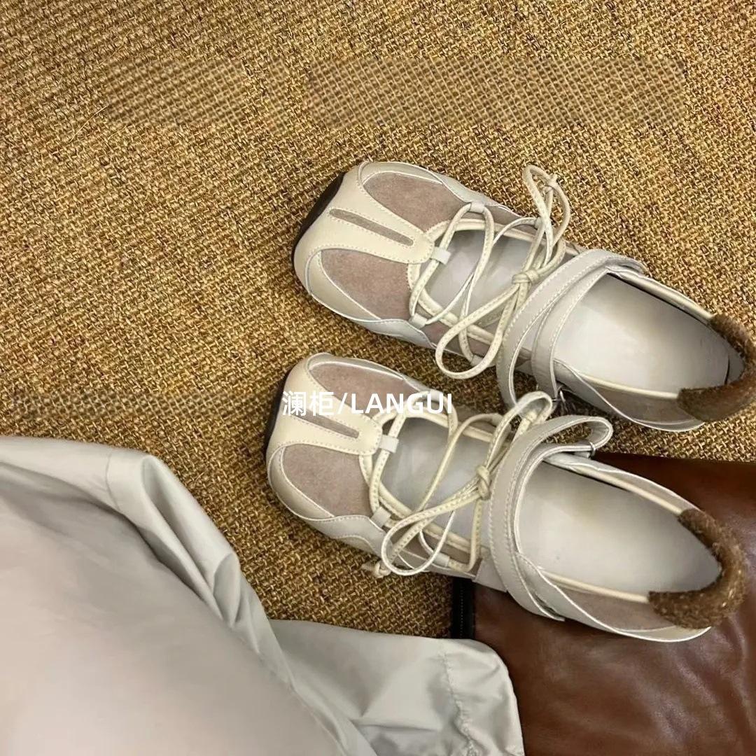 

Rebellious ballet Velcro Mary Jane shoes women s splicing casual flats versatile 2025 single shoes spring shoes 35 бежевый