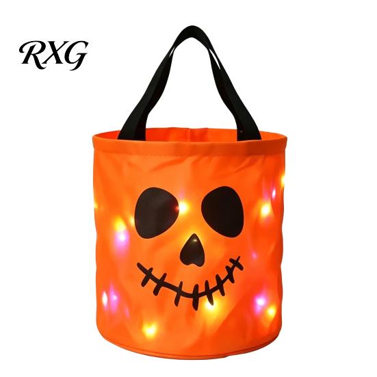 Fabric Gift Packaging for Kids Halloween Glowing Pumpkin Candy Bag LED Light Up Trick or Treat Bucket Large Storage Buckets Reusable Waterproof Oxford