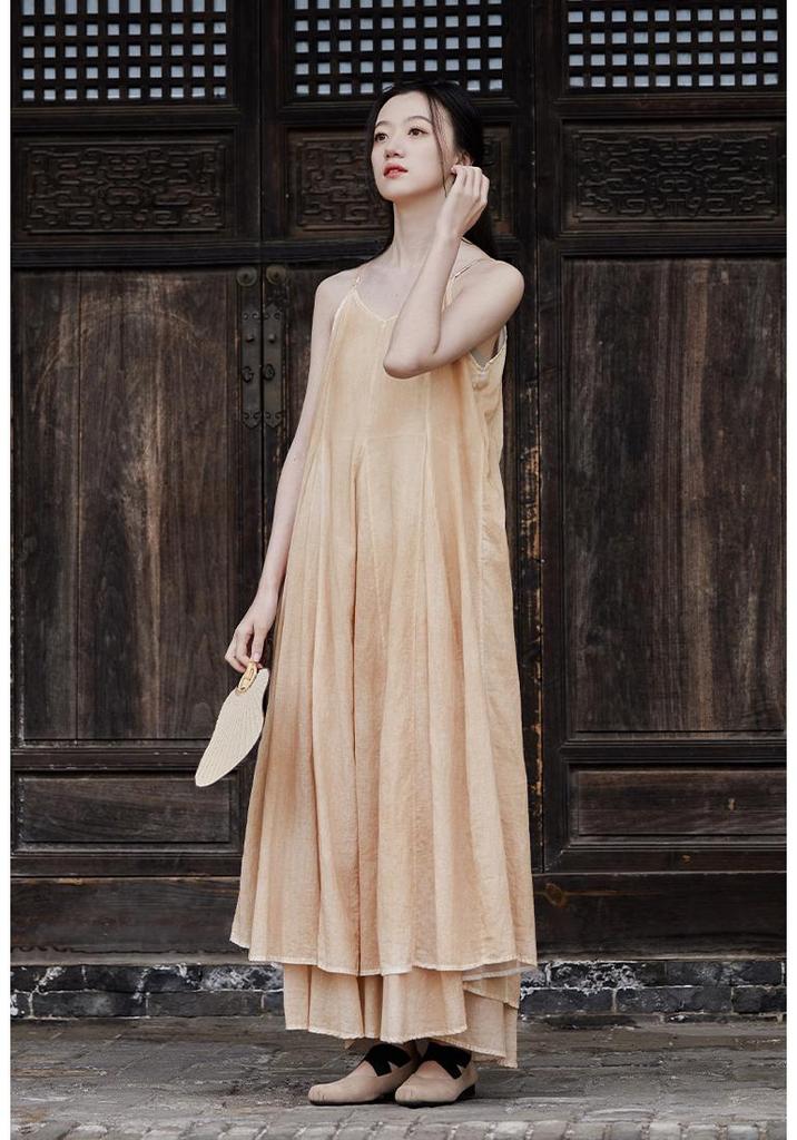 2025 Summer Dark Silent Willow Patchwork Camisole Dress with Large Hem
