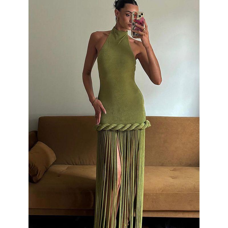 Niche Designer Dress with Tassel Hem and Halter Neck, Backless Dress, 2025 Autumn New Model, Cross-Border European and American Style Green S