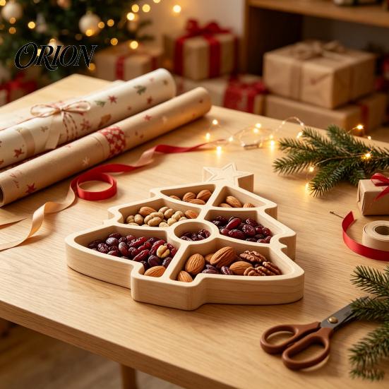 Rustic Kitchen Table Decor Wooden Christmas Divided Tray, Gingerbread Man Santa Xmas Tree Compartment Snack Decorative Nut Serving Dishes Platter,