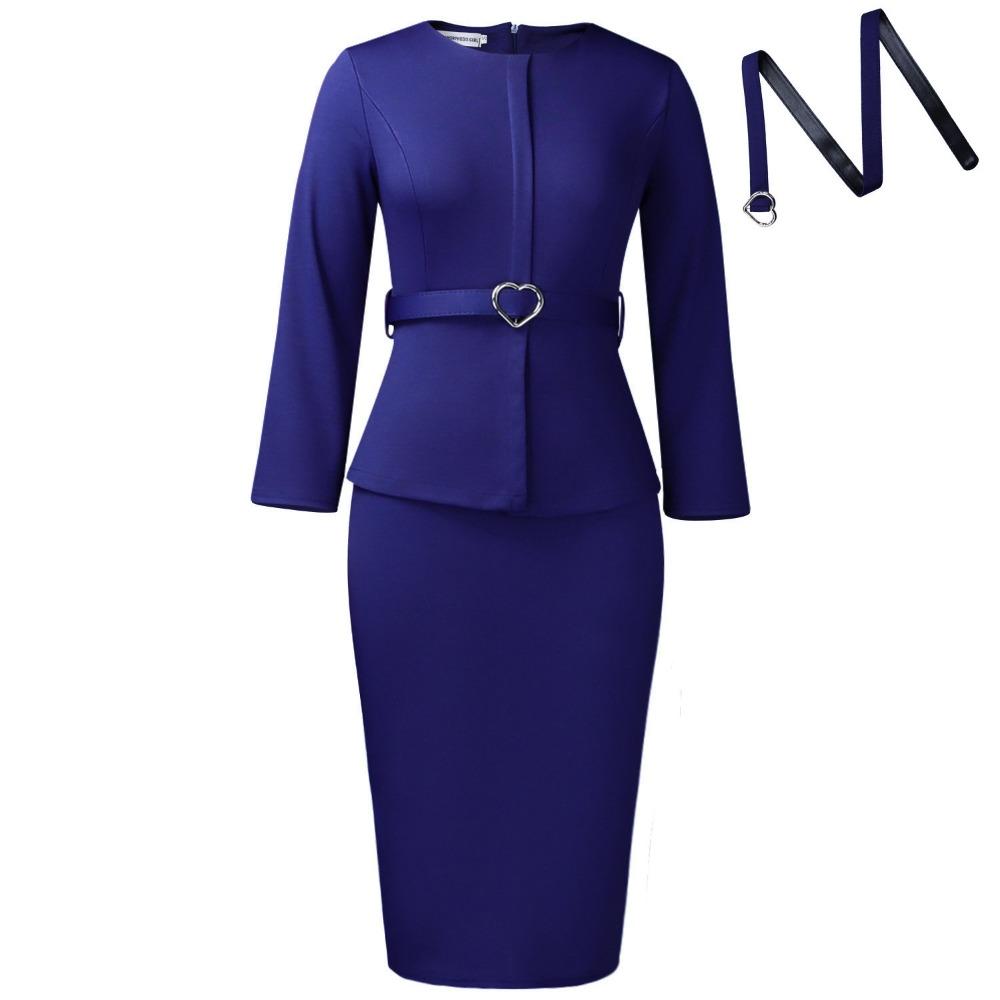 Women's Round Neck Long Sleeve Midi Dress Bodycon High Waist Elegant Peplum Office Pencil Dress With Heart Belt