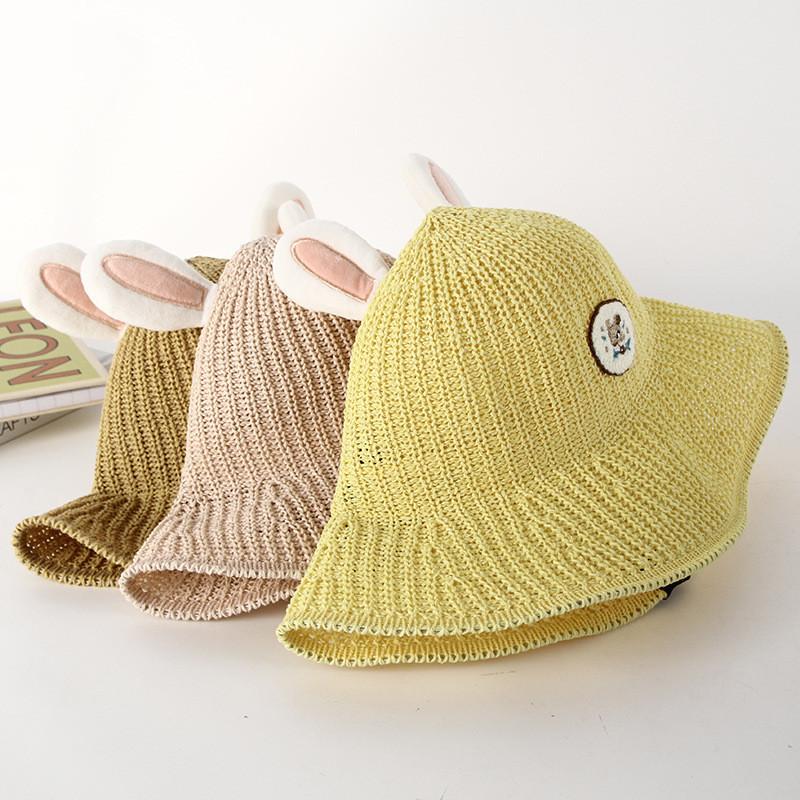 Cute Bunny Ear Knit Hat For Children Spring Autumn Outing Sun Hat Breathable Sweet Baby Basin Cap