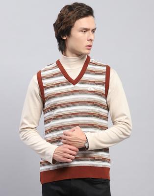 Mens Brown Self Design V Neck Sleeveless Sweater
