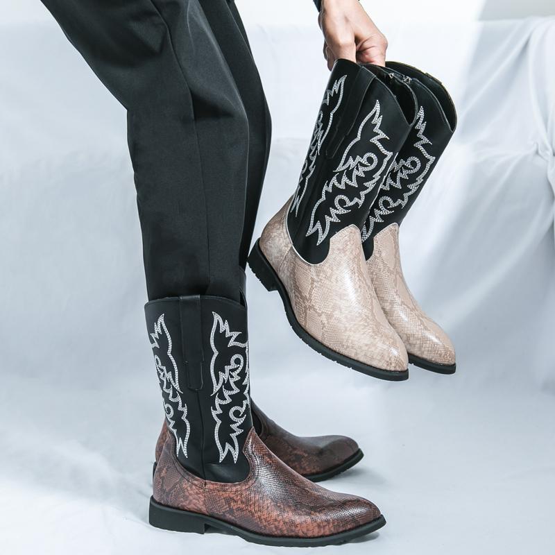 Men’s Pointed Toe Embroidered Western Cowboy Boots Casual Retro Dress Leather Men’s  Mid-calf Boots Plus Size