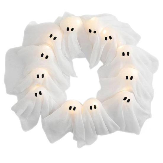 Halloween Ghost Wreath with 12 LED Lights Small Light-up White Ghost Hanging Wreath for Front Porch Door Wall Indoor Outdoor Decoration