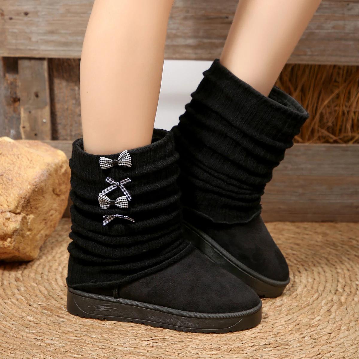 

Fashion Fashion Design Wrinkled Stacked Snow Boots Women 2025 Winter Sweet Bowknot Decoration Booties Warm Short Plush Mid Calf Boots 36