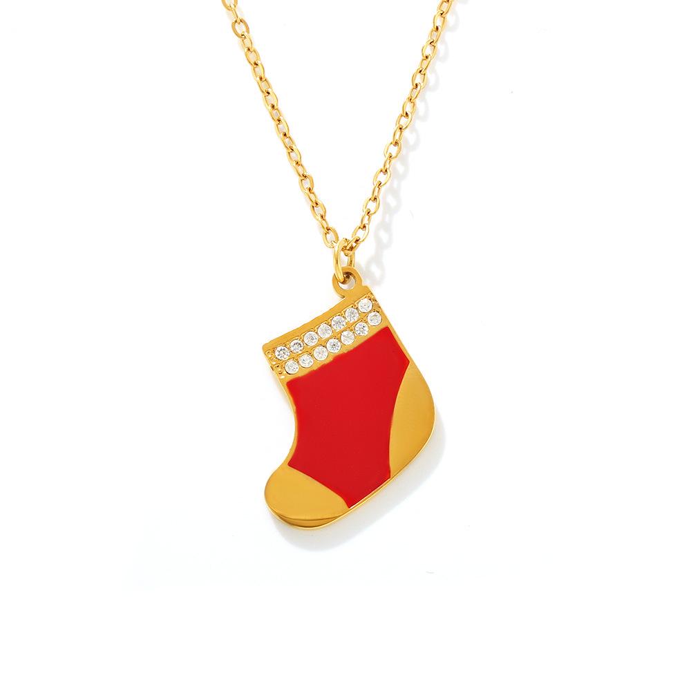 Oumaijia Christmas Zircon Pendant Necklace with Red Socks Charm, Gold-Plated Stainless Steel
