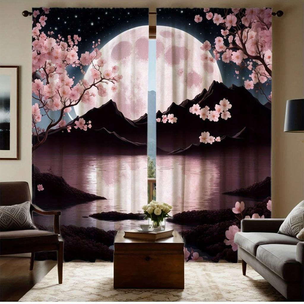2pcs Floral Blossom Curtains   Polyester Fabric   Window Decor for Home Decor   Rod Pocket Curtains