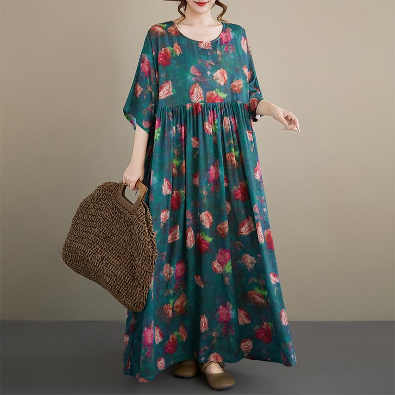 DIMANAF New 2026 Summer Beach Women Plus Size Vintage Lady Long Dress Loose Oversize Maxi Printing Cotton