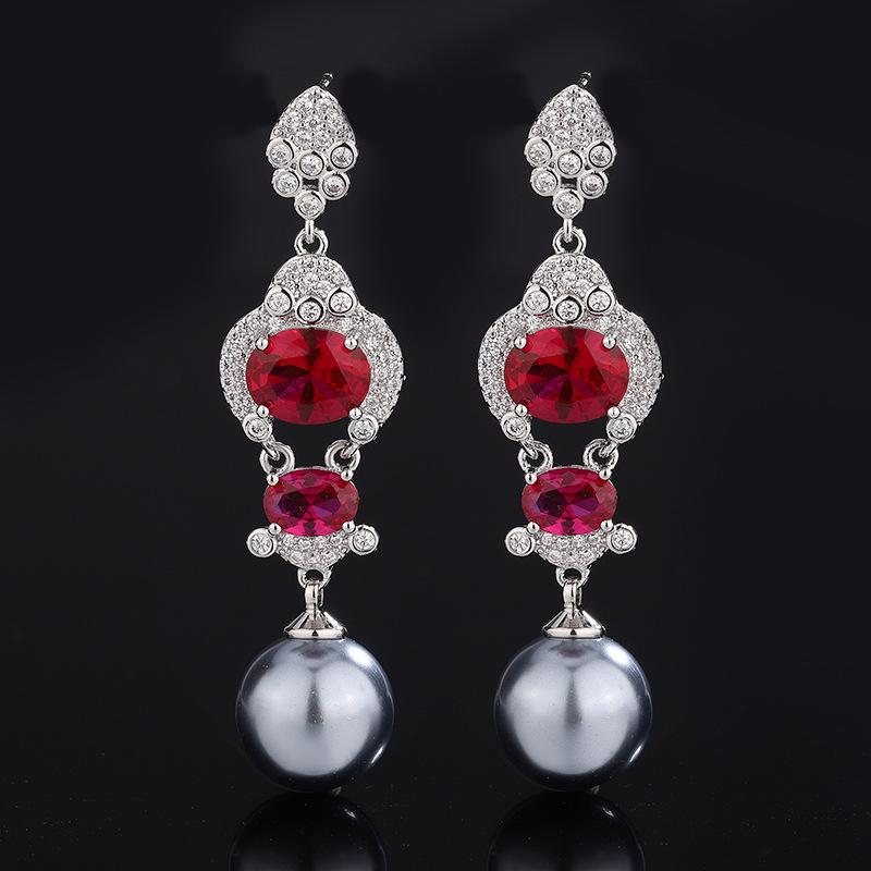 

Ювелирные изделия высокого класса серьги, инкрустированные искусственным красным корундом, серьги-гвоздики, имитация натурального жемчуга, серьги-иглами из серебра