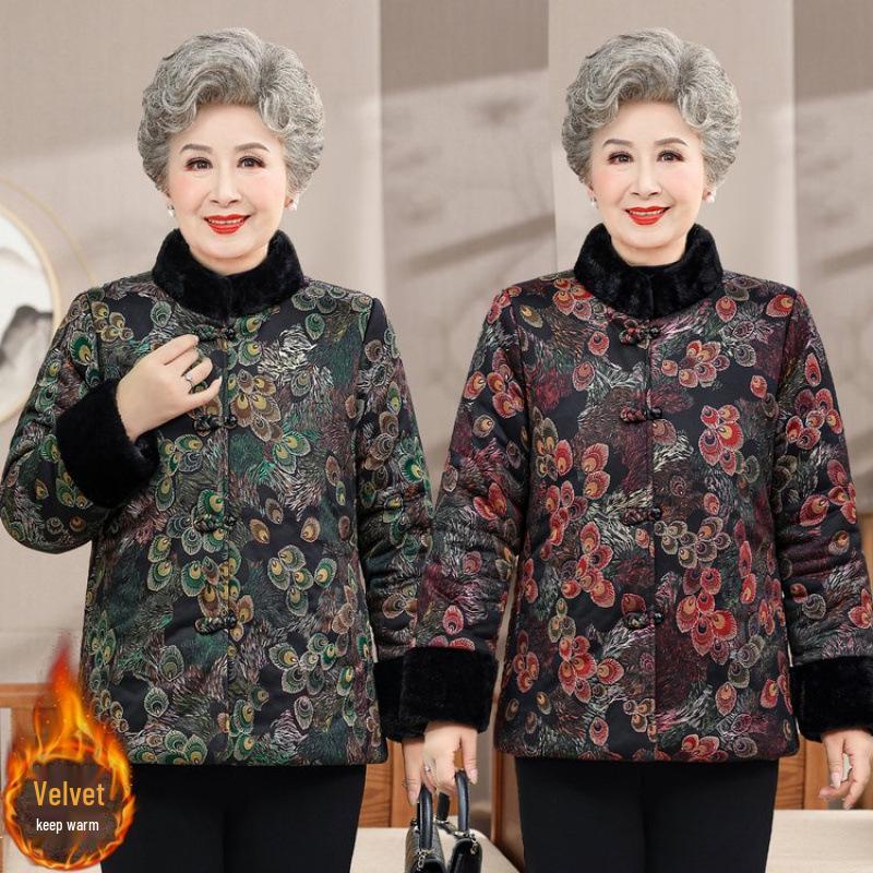 Thickened Winter Cotton Jacket for Elderly Women, Warm Coat with Fleece Lining