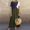 Women Summer Casual Splicing Dress Short Sleeve Round Neck Loose Long Dress
