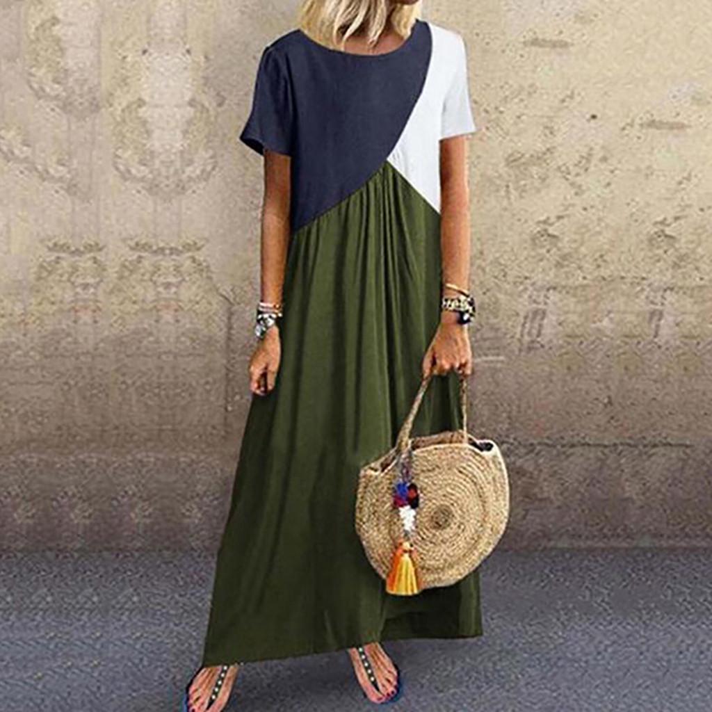 Women Summer Casual Splicing Dress Short Sleeve Round Neck Loose Long Dress
