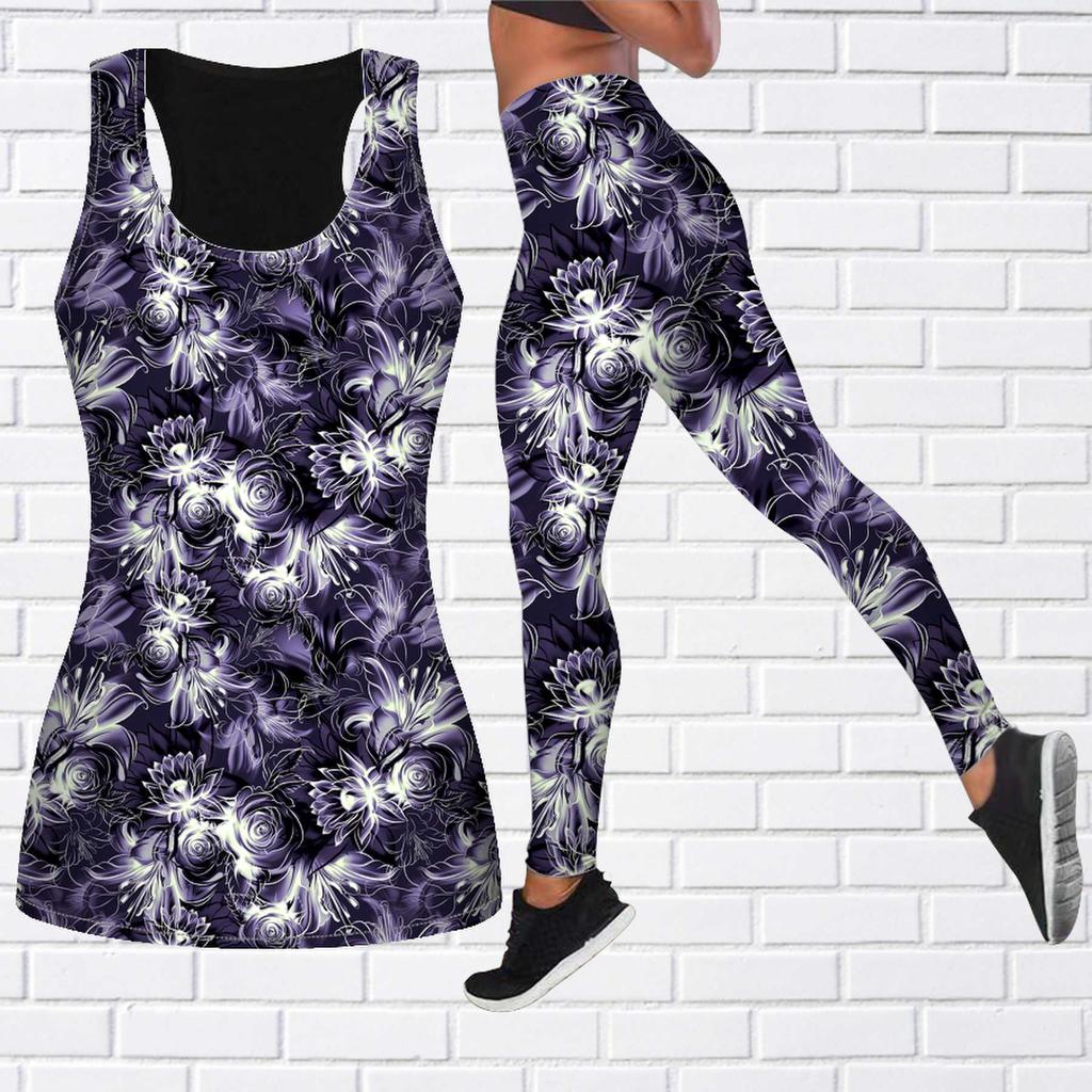 Flower Sea Rose Print Yoga Outfit for Women Fashion Workout Leggings Fitness Sports Casual Yoga Pants
