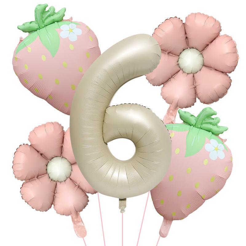 5Pcs Matte Milk White Fruit Strawberry Flower Foil Balloon with 32inch Number Balloon Berry First Birthday Summer Party Supplies
