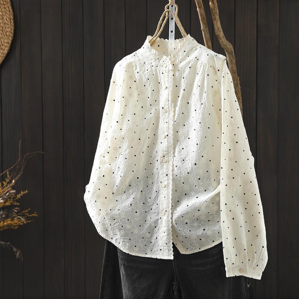 Women's Spring 2026 Polka Dot Lace Collar Cotton Shirt with Embroidered Jacquard Design
