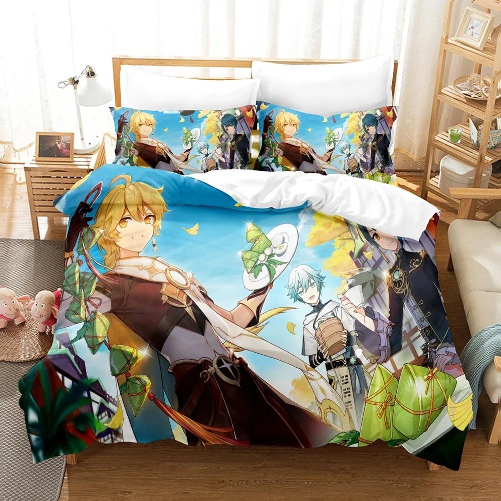3D Printed Genshin Impact Bedding Set Winter Warm Polyester Quilt Cover Cartoon Game Design 3PCS