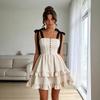 French Sweet Girl Style Beige Suspender Dress, Black Bow Breasted Design Cake Skirt, Design Skirt