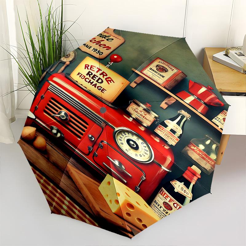

Vintage Kitchen, Retro Appliances Themed Automatic Opening and Closing Umbrella, Brightly Colored 8-rib Portable Umbrella, Suitable for Men