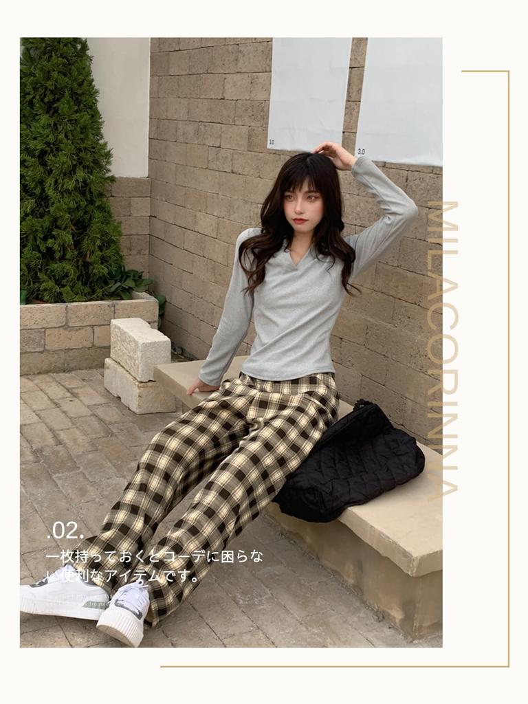 MilaCorinna Long Check Elastic Loose Extra Women's Pants, Fleece-Lined, Pattern, Wide-Leg Pants, Waist, Fit, Thick, Loungewear, Slacks, Warm, Warm,
