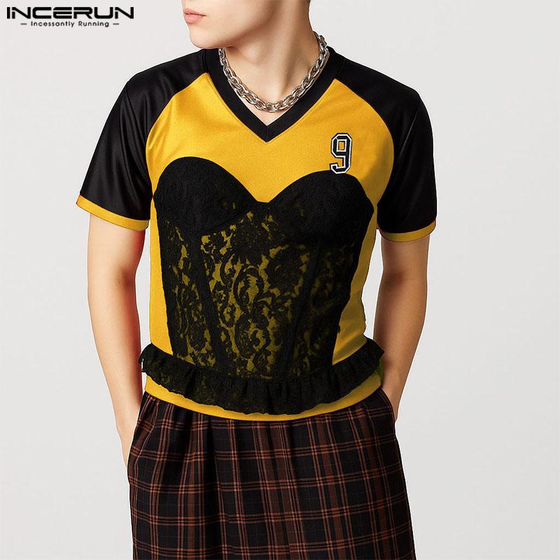 INCERUN Summer Men Short Sleeve Lace Patchwork Print Casual T-shirts Tee Tops