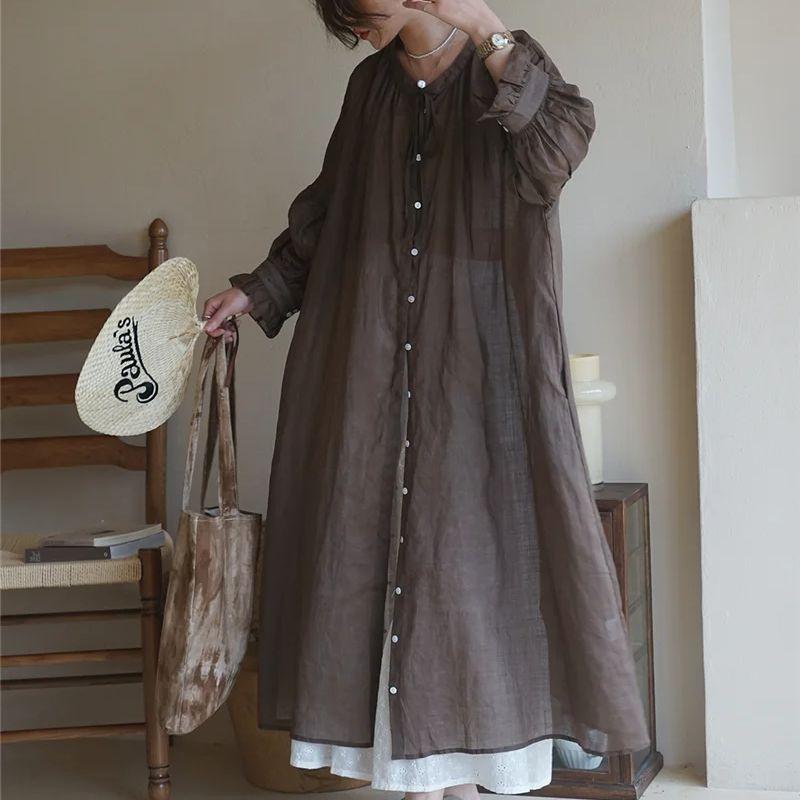 Spring Autumn Women's Vintage Ramie Shirt Dress Women Lantern Sleeve Design Dresses Loose Thin Vestidos