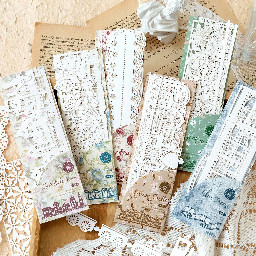 5Pcs/Bag Vintage Hollow Lace paper Aesthetic Decorative Junk Journal DIY Scrapbooking Creative Stationery Decor Paper Set