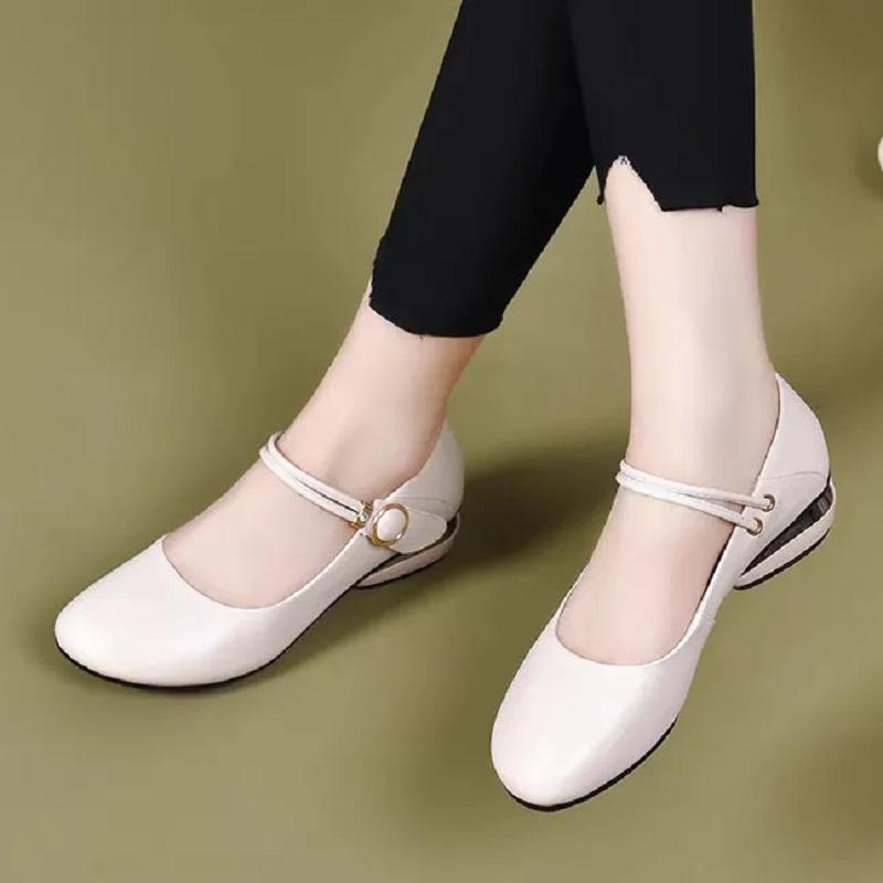 women cute sweet black round toe buckle strap square heel shoes for office career lady casual beige spring shoes ab616
