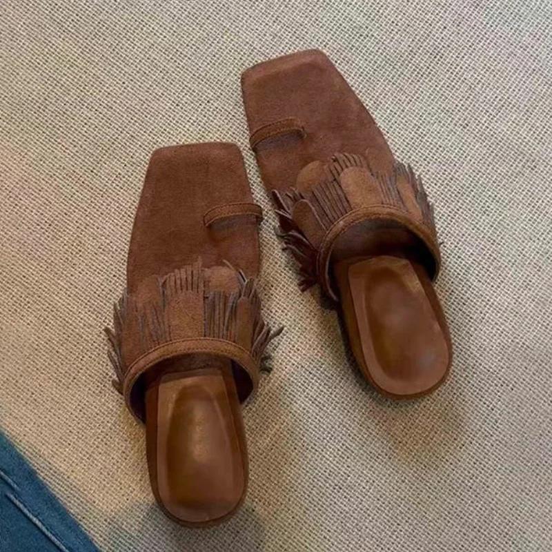 

Fashion Fashion Tassel Clip Toe Design Slippers Women Fashion Square Toe Low Heel Flip Flops Comfortable Elegant Faux Suede Beach Sandal 35 коричневый