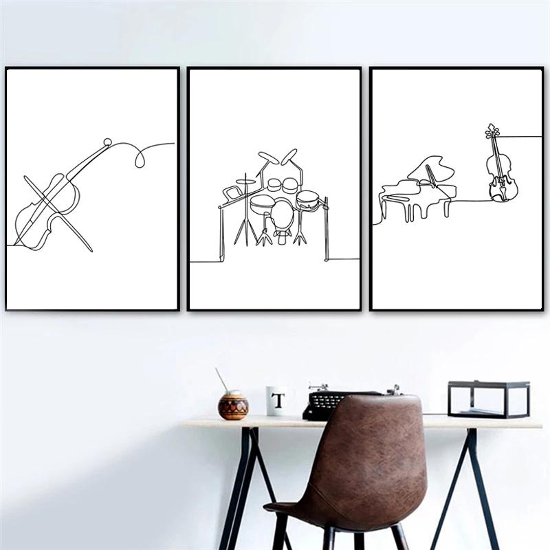 Modern Minimalist Line Musical Instrument Piano Guitar Drum Kit Note Music Poster Nordic Living Room Bedroom Wall Art Home Decor
