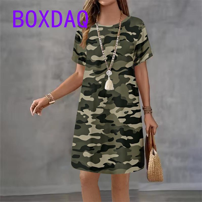 

Vintage Camouflage Print Women A-Line Dress Casual Short Sleeve O-Neck Loose Mini Dress Summer Office Ladies Beach Dress XL